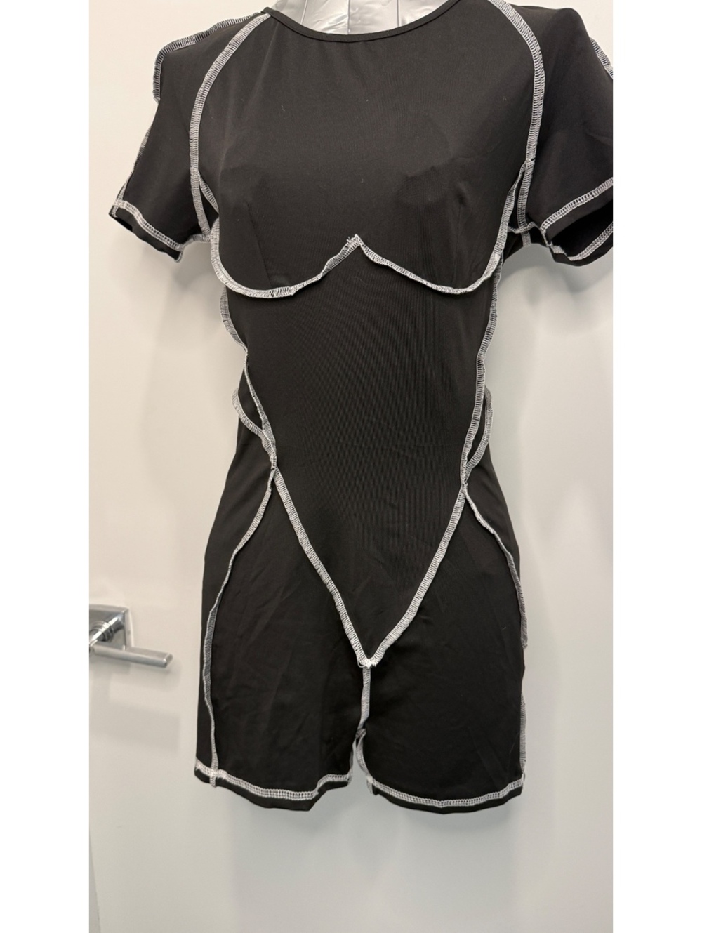 Black Contrast Stitch Open Back Romper Short Sleeve Bodycon Festival, EDM size M